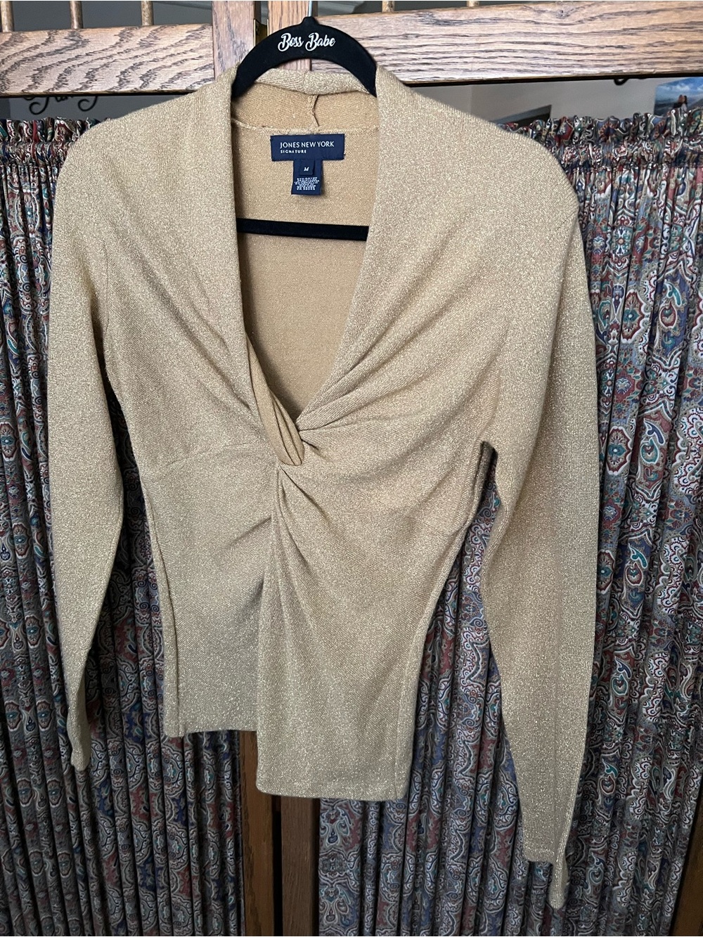 Jones New York Metallic Gold Twist-Front V-Neck Sweater gold shimmer